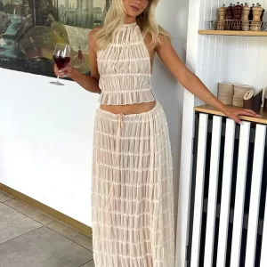 Conjunto de 2 piezas para mujer, traje de falda larga con cuello colgante, Espalda descubierta, Top con tirantes, maxifalda con cordones y pliegues, primavera y verano, 2024